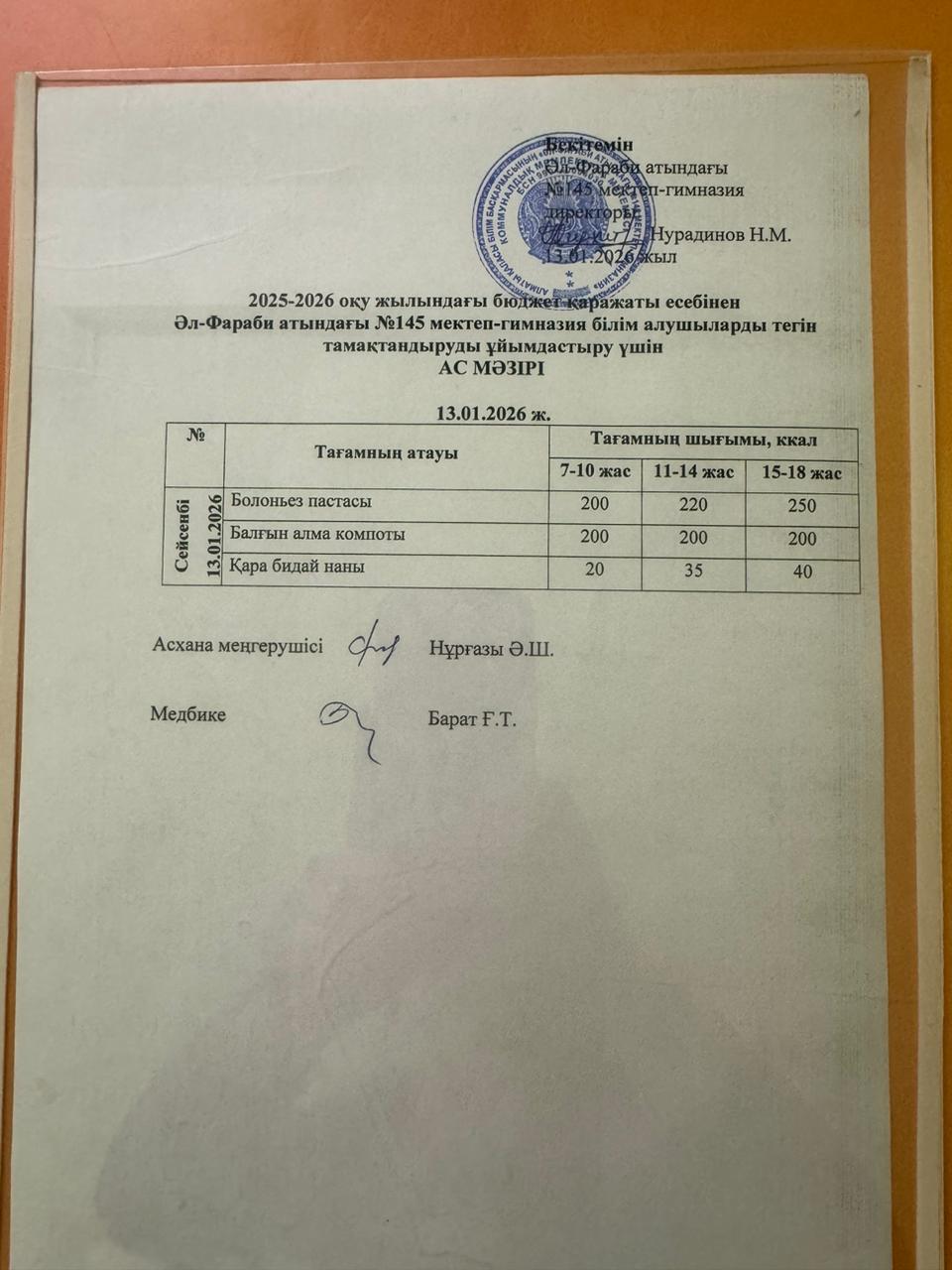 Ас мәзірі 13.01.2026