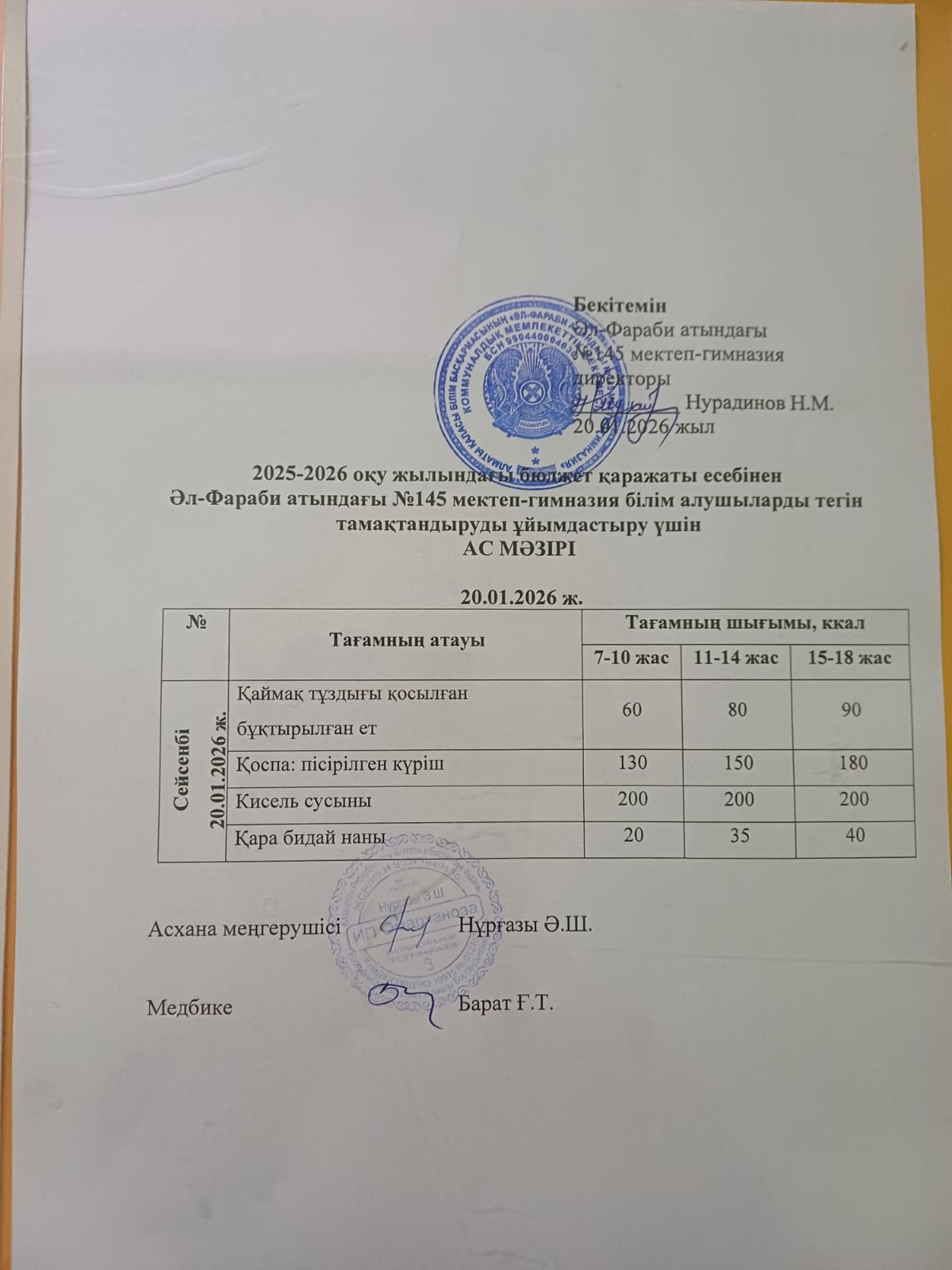 Ас мәзірі 20.01.2026